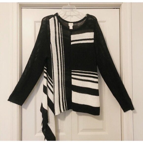 Chico's 1 Sz M Womens Asymmetrical Hem Knit Sweater Minimalist Black Stripe - Picture 2 of 12